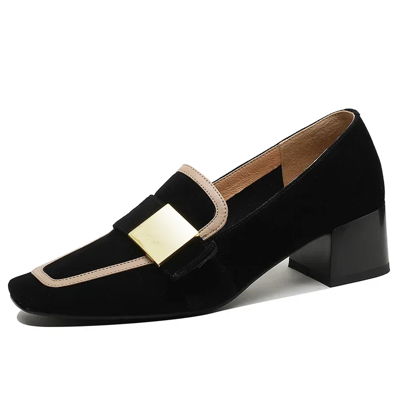 Women Retro Buckle Loafer Flat French Autumn Fashion Elegant Square Toe Chunky Heels Pumps Party Casual Shoes