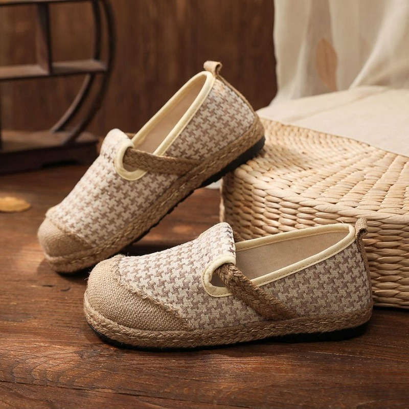 Embroidery Houndstooth Women Handmade en Cotton Slip On Loafers Ladies Casual Comfortable Sneakers Flat Hemp Shoes 2024 1198