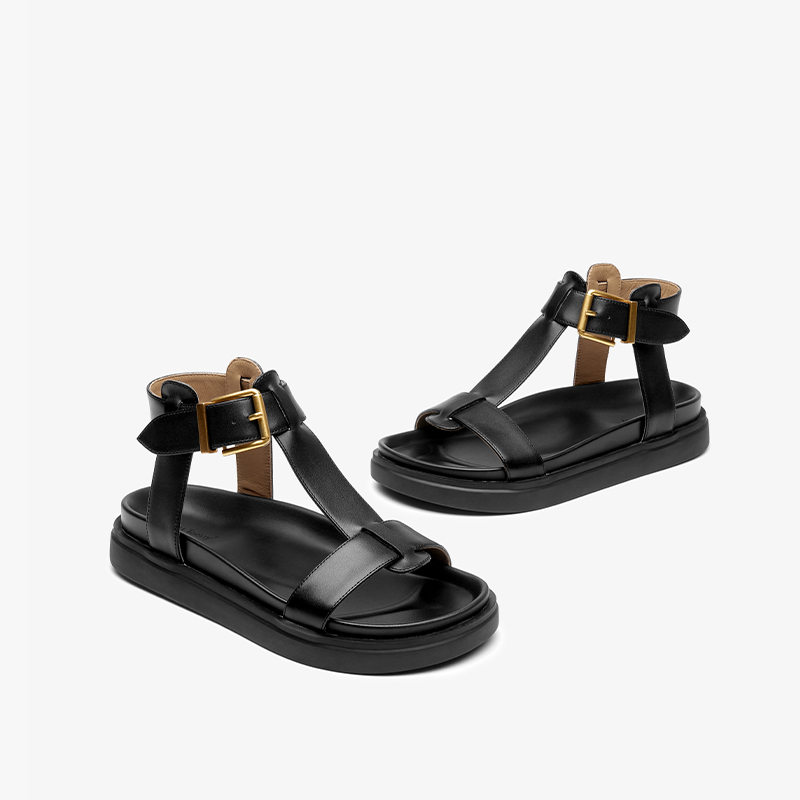 BEAUTODAY T-Strap Sandals Women Genuine Cow Leather Buckle Strap Solid Color Leisure 2024 Summer Ladies Shoes Handmade 32429