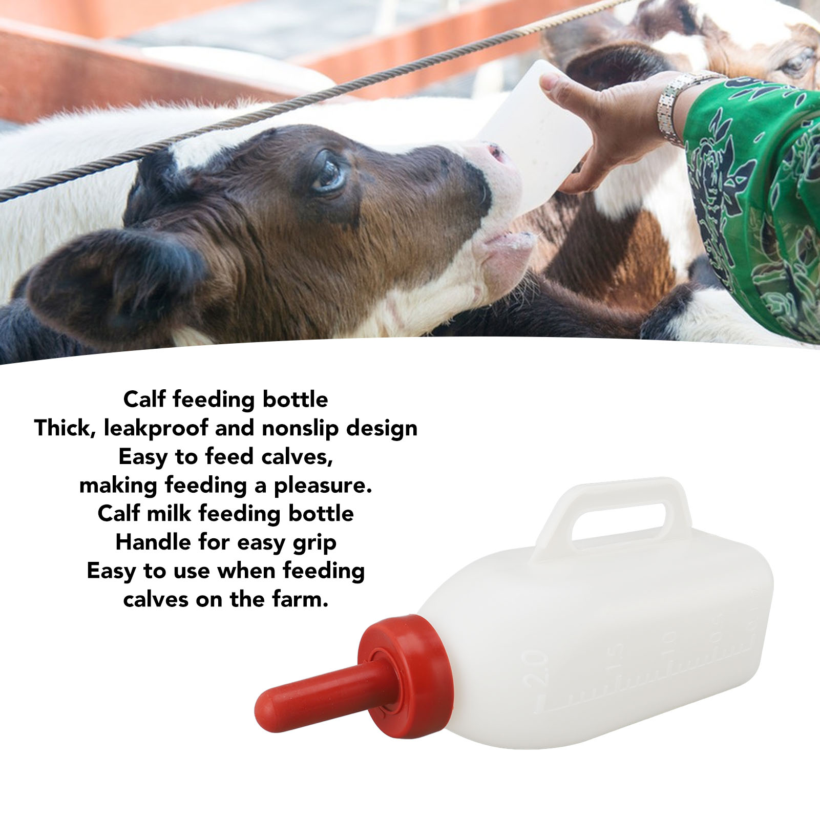 Leakproof Silicone Nipple Feeding Bottle, Calf Nursing Feeding Supplies with Handle, Farm, Pasture Upright Milk, 2L