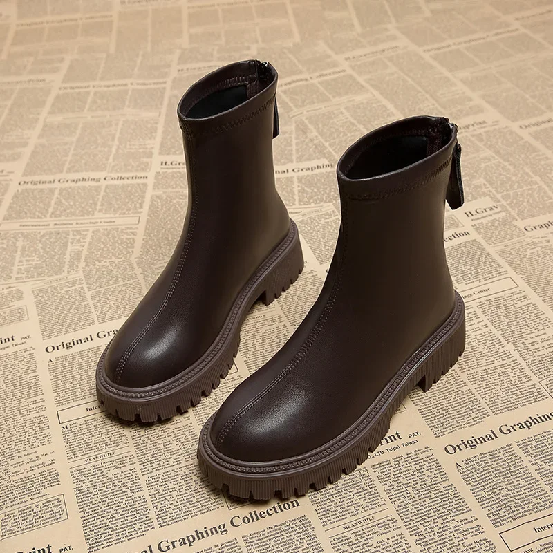 Fashion Boots Round Toe New Short Booties Ladies Elegant Square Heel Shoes Winter Soft Leather Women's Footwear2024 ca4c