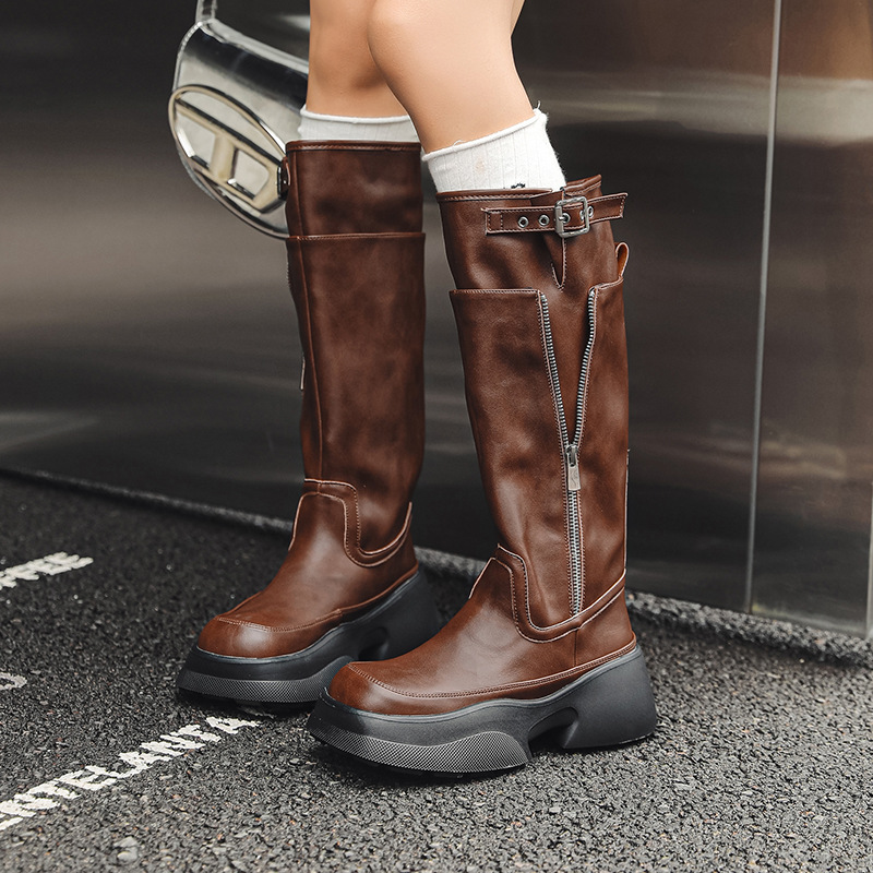 Platform Brown 2023 Long for Women Autumn Winter Thick Sole Knee High Knight Boots Women's Solid Color Zip Shoes 4363 's