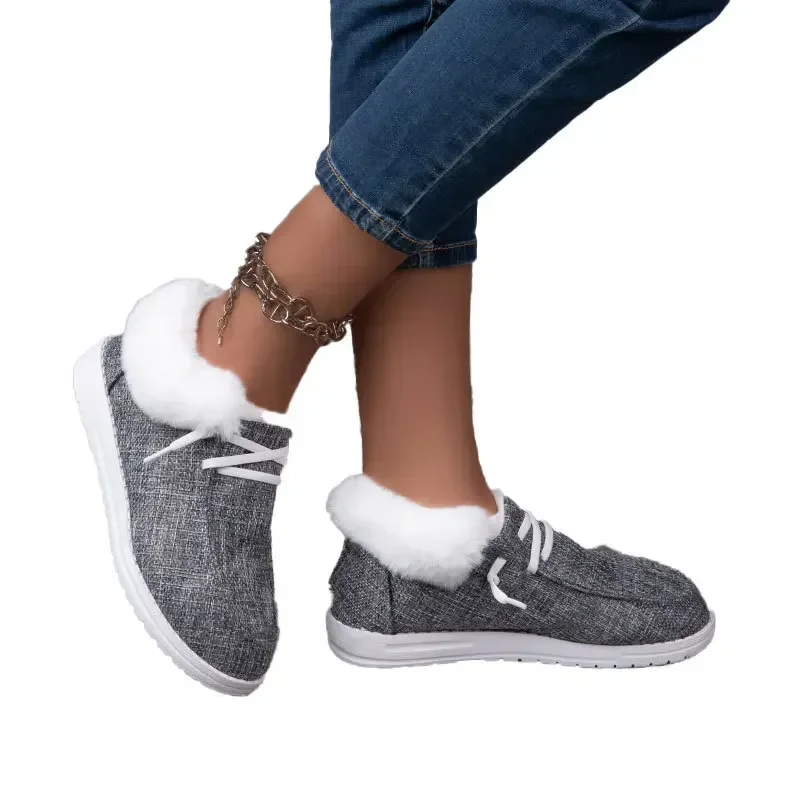 Lace Women's Up Flats Slip-on Ladies Elegant New Winter with Fur Plush Flat Loafers Casual Warm Cotton Shoes 5563