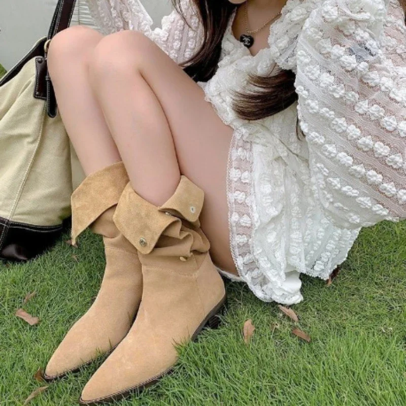 Women Retro Pleated Knee Cowboy 2024 Autumn High Heels Pointed Toe Thick Heeled Western Boots Woman Long Botas a427