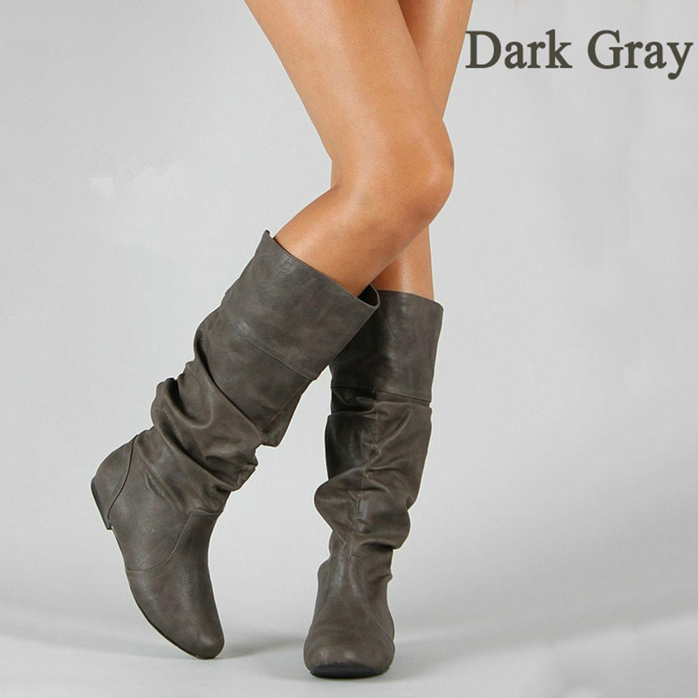 Women Leather Mid Calf Boots Casual Slip on Autumn Winter Long Boots Flats Fashion Pleated Round Toe Black Elegant Botas Female