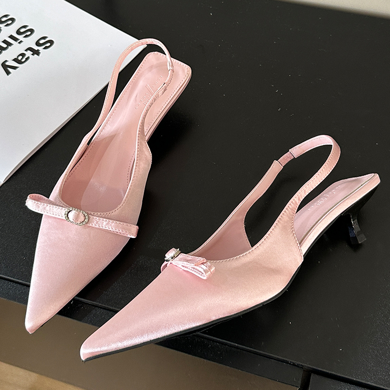 Butterfly-Knot Female Fashion Silk Ladies Low Heel Slides Sgbac Pointed Toe Pumps Footwear New Elegant Women Heeld Shoes b9e3 d