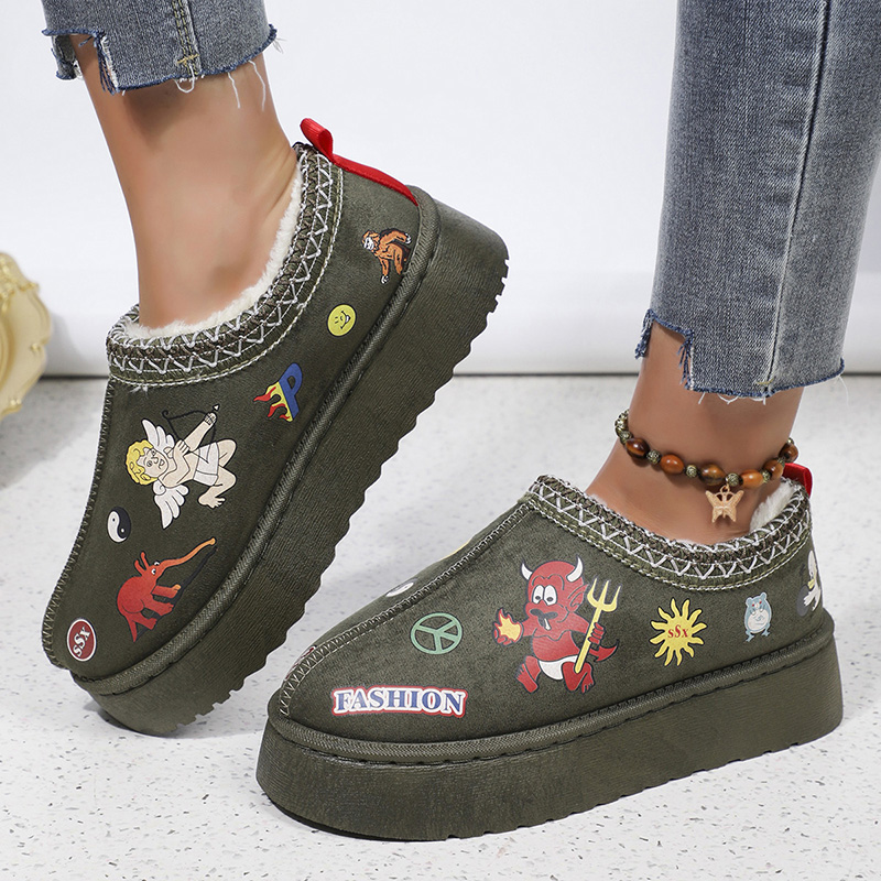 Warm Women Thick Fluff Snow Boots Cute Cartoon Pattern Print Platform Ankle Botas Casual Short Plush Flat Shoes Autumn Winter fcee