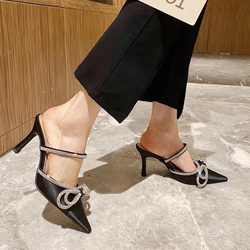 Summer Fashion Rhie Dia Butterfly-Knot Sandals High Heels Pointed Toe Slippers Women Pumps Party Wedding Bg Shoes
