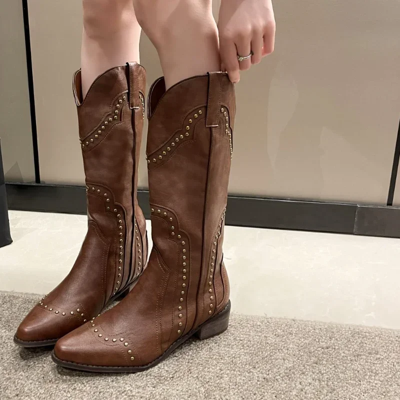 2025 Rivet Retro Mid Calf Cowboy for Women 2024 Autumn Chunky Heels Western Boots Woman Slip on Pointed Toe Cowgirl Boras