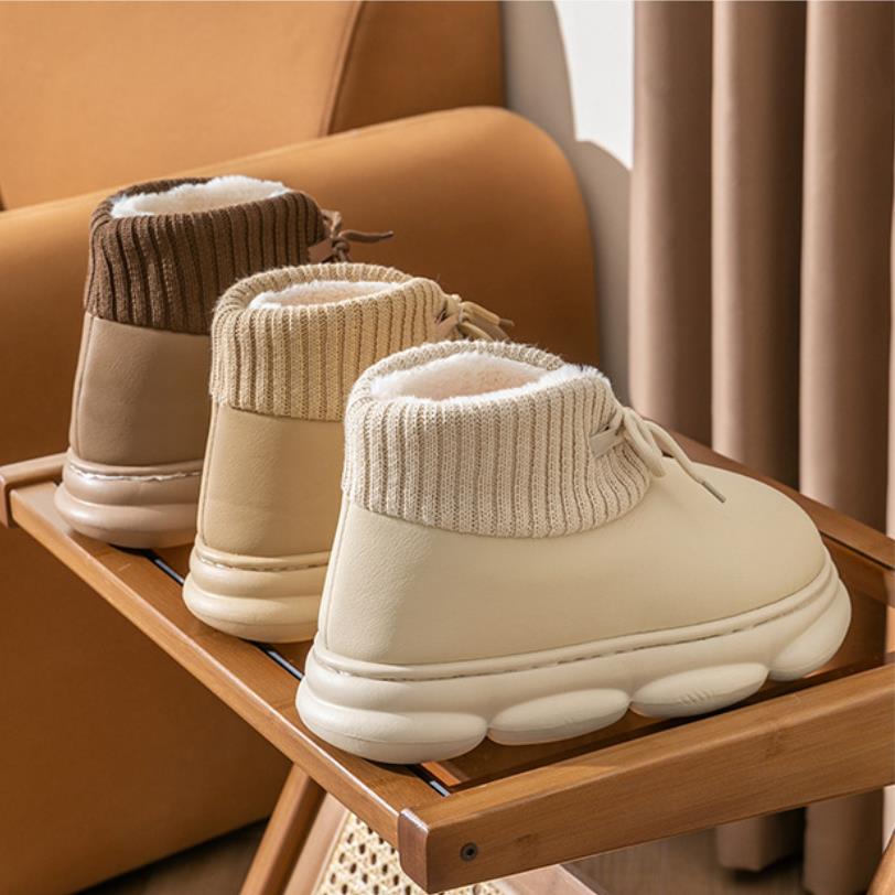 Waterproof 2024 Winter Shoes Woman Men Indoor Slippers Lace-up PU Leather High Top Footwear Couples Warm Platform Snow Boots