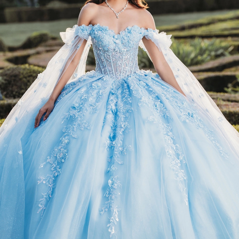 2024 Shiny Quinceanera Dresses With Cape Ball Gown Applique Lace Beading Tulle Lace-Up Backless Party Princess Sweet 16 Dress