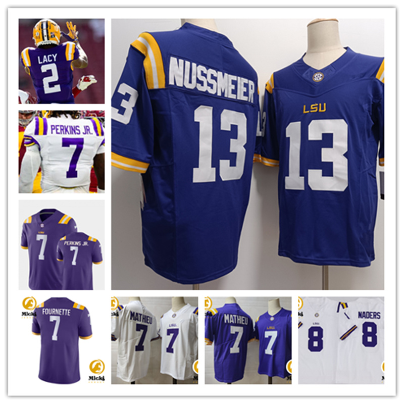 Harold Perkins Jr. Garrett Nussmeier LSUFootball Jersey #2 Kyren Lacy 7 Tyrann Mathieu 3 Odell Beckham Jr 7 Patrick Peterson 7 Leonard Fournette 8 Malik Nabers jerseys