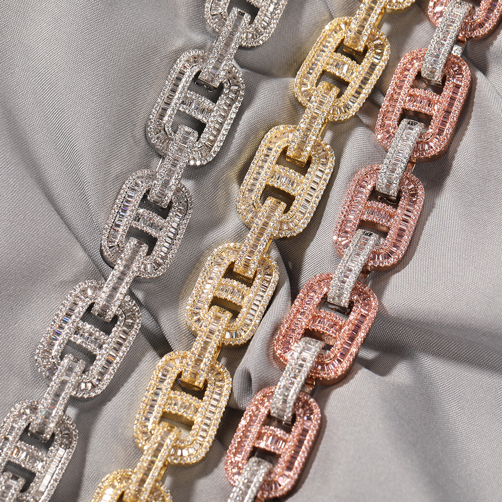 Hip Hop Pig Nose Tennis Chain Necklace Bracelet 15mm Miami Cuban Coffee Bean Chain Necklace Mens Jewelry