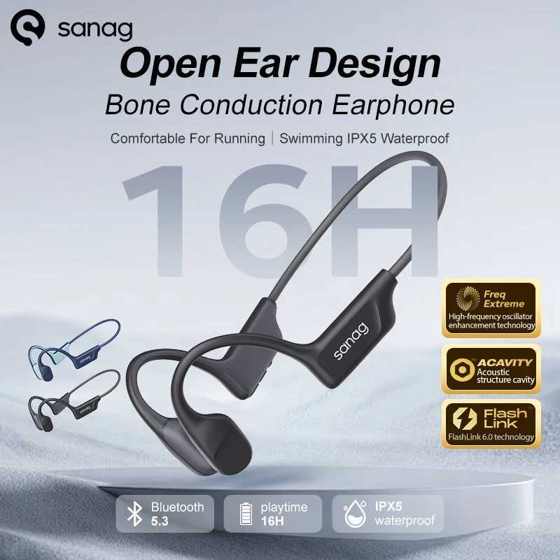 Headsets Sanag B22s Bone Conductive Earphones 16 Hour Playtime IPX5 Waterproof Bluetooth 5.3 Dynamic Space Sound Live Earphones J240830N630