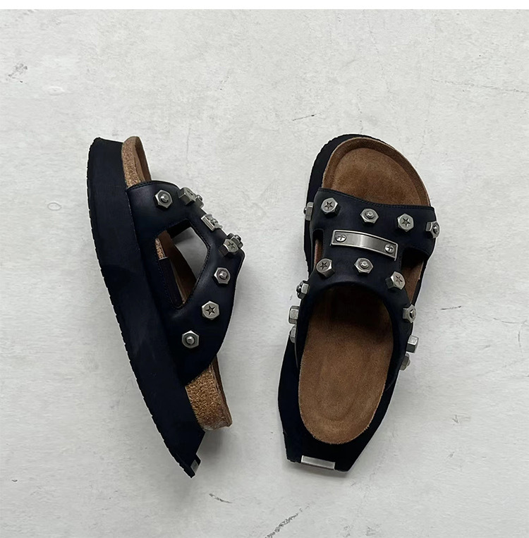 Rock Punk Summer Women Rivets Platform Leather Mules Creative Metal Fittings Slippers Female Casual Sandals Shoe Slides ddcd