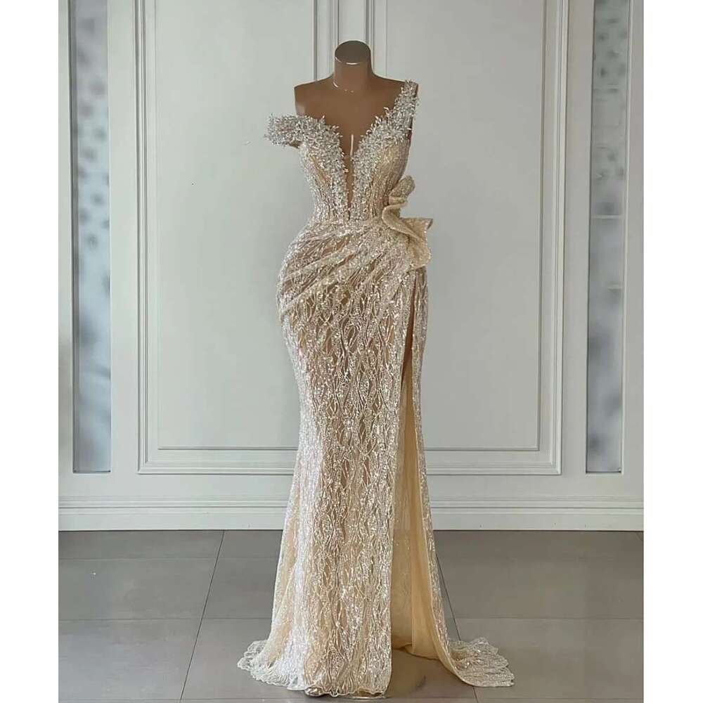 Elegant Champagne Mermaid Dresses Sleeveless Beaded Appliques Sequins Pearls or Length Side Slit Lace Evening Formal Gown