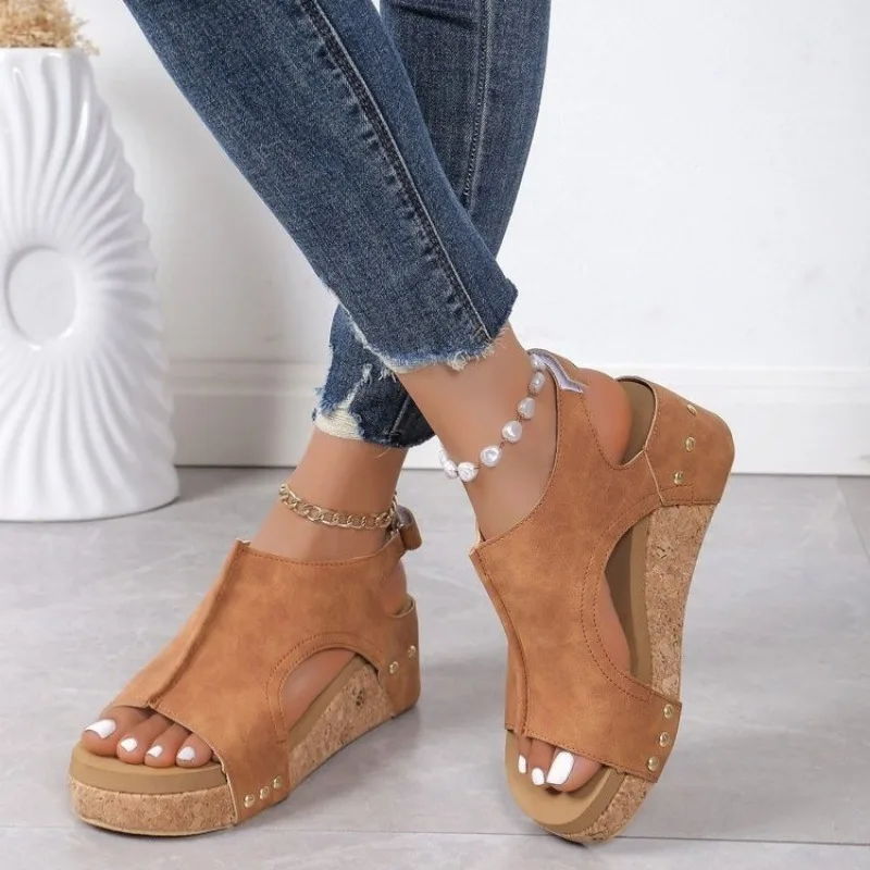 Plus Size 35-43 Shoes for Women Fashion Casual Solid Color Flat Summer Daily Wear Peep Toe Platform Wedge High Heels Sandals