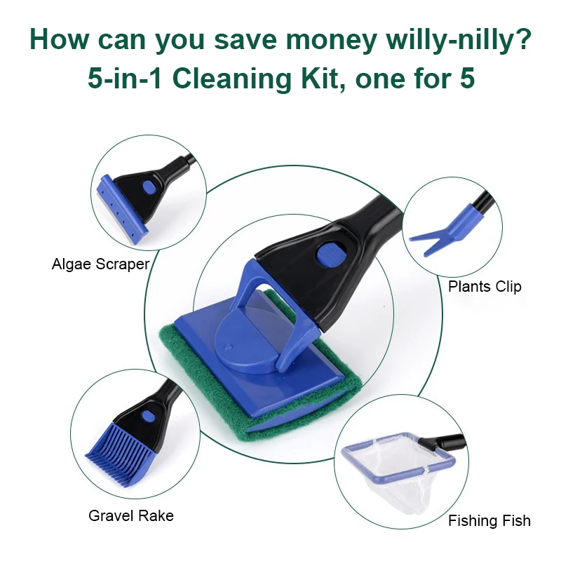 Fish Tank Cleaning Tools 5 in 1 Set Non-slip Long Handle Brush Fishing Net Plant Clips Accessories Aquarium Pet Products
