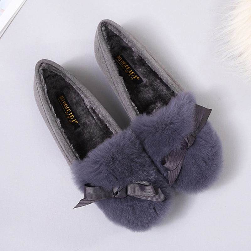 c0fa0 Bowtie Riband fur Rabbit flats women round toe plush cotton moccasins shoes woman slip on warm furry loafers big size 35-43 ry