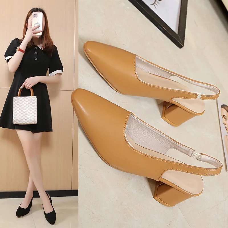 2024 New Pumps Pointed Thick High Women's Baotou Sandals Back Hollow Shallow Ladies Shoes Solid Slip on Heels Women b226