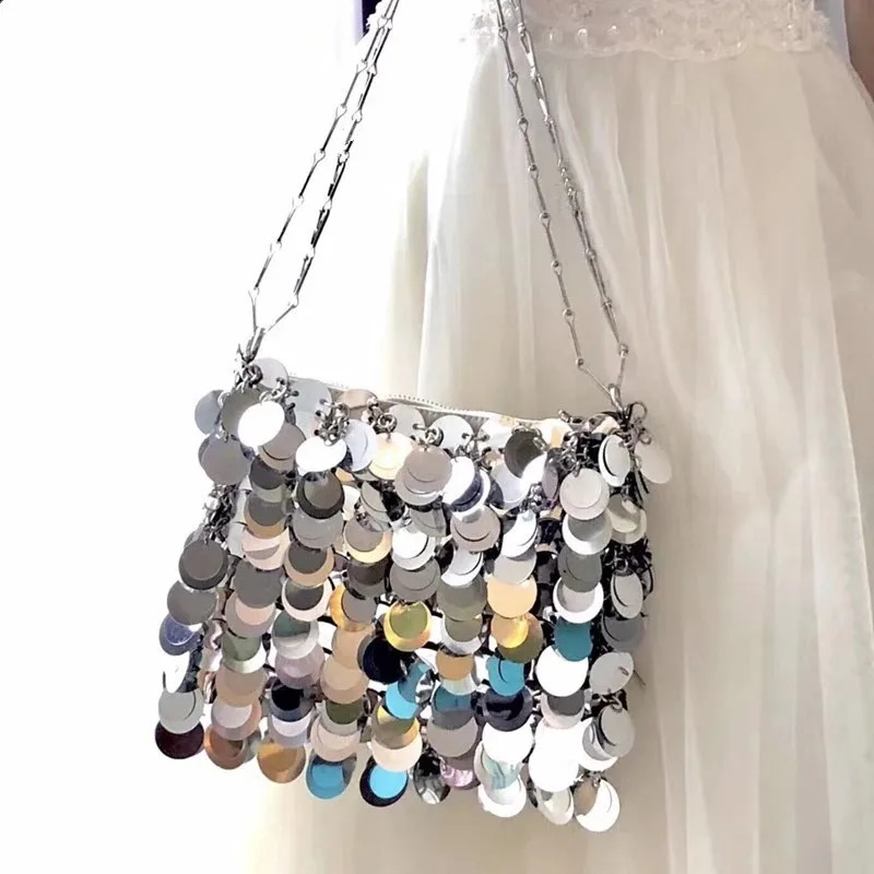 Women Bags er Silver Metal Sequins Chain Woven Bag Evening Bags Clutch Female Travel Holiday Shoulder Bag Handbag 240902