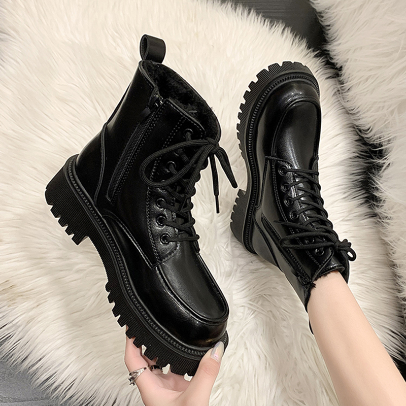 Lucyever Autumn Winter Platform Ankle Women Thick Sole Pu Leather Biker Boots Woman 2023 Short Plush Lace-Up Shoes Female