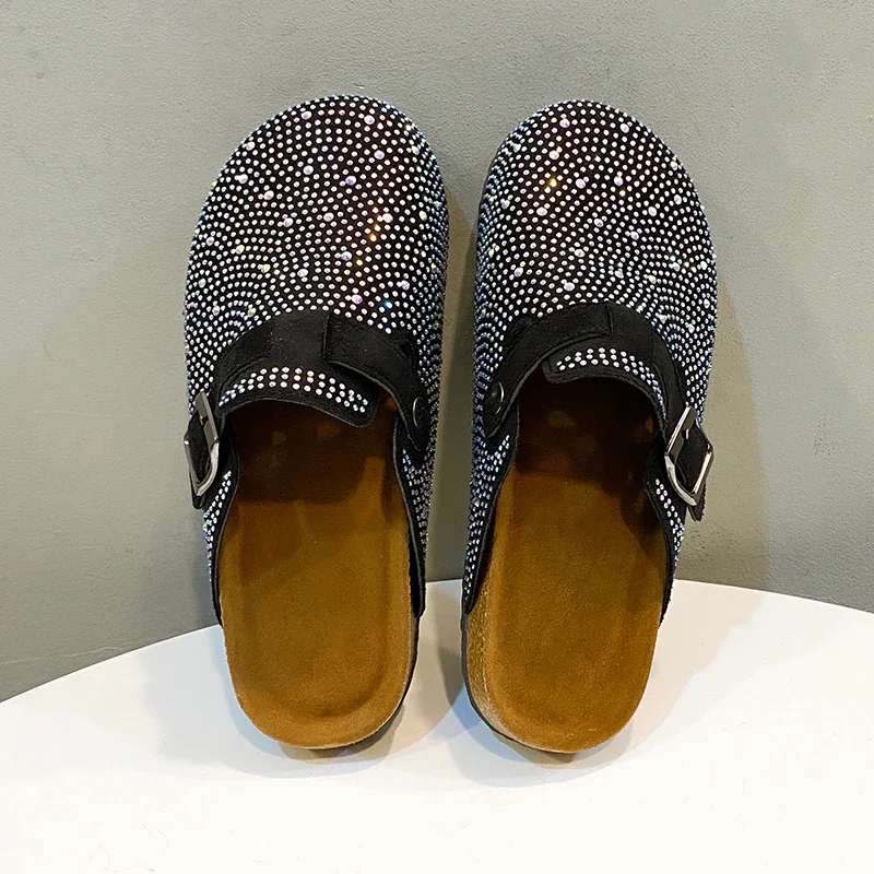 Shiny Outdoor Rhies Slippers Women's Shoes 2024 Summer Trend Platform Sandals Black Buckle Cork Clog Mules 2410