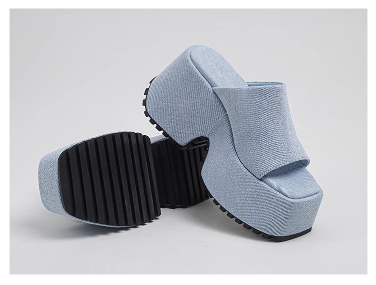 Denim Thick Sole Summer Women Slippers Modern Flat With Height Increasing Leisure Casual Outside Platform Super High Heel Shoes