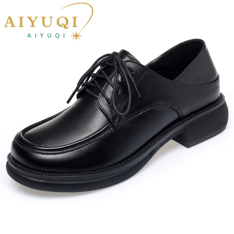 2025 NEW Loafers AIYUQI Spring New Genuine Leather Fashion Women Large Size Lace Up Mid Heel Work Shoes Ladies d