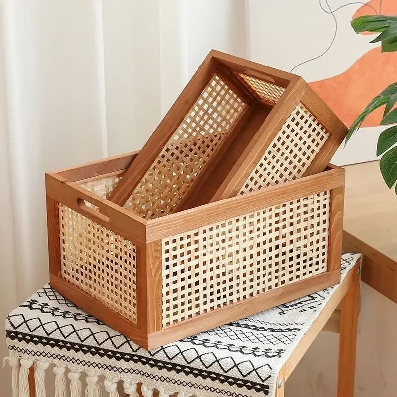 Vintage solid wood storage box desktop Rattan basket book snacks fruit cosmetics organizer box home bathroom kitchen basket 240903