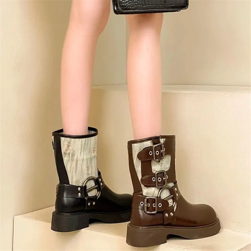 New 2023 Autumn Fashion Denim Camo Ankle Patchwork Fabric Platform Women's Sports Boots 2138