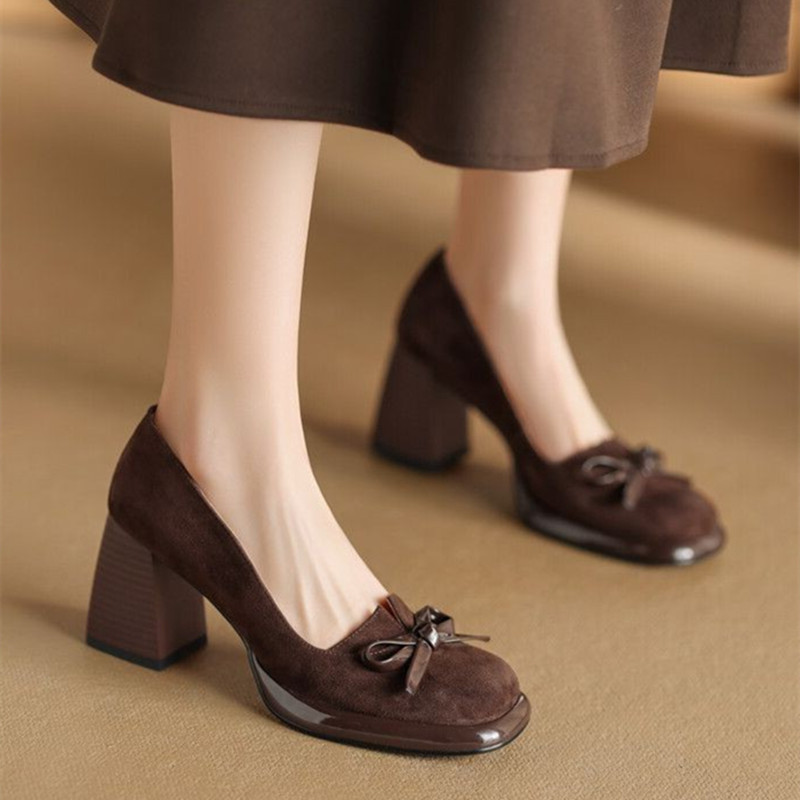 New Retro Mary Jane High Heels Women Faux Suede Chunky Heels Platform Design Mules Shoes for Women Bow Fashion Office Work Shoes