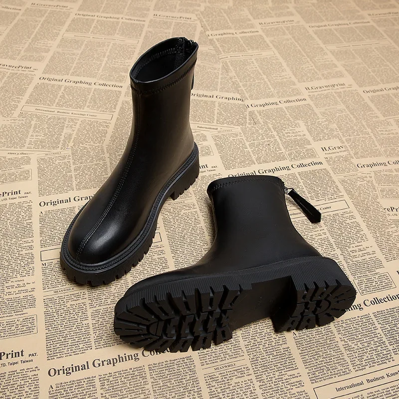 Fashion Boots Round Toe Short Booties Ladies Elegant Square Heel Shoes Winter Soft Leather Women's Footwear2024 ca4c