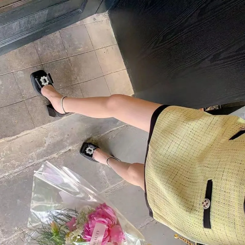 Plus Size Square Toe Super High Thick Heel Rhie Decal Hollow Sexy Women's Sandals Satin Fabric Ankle Strap Platform Sandal 4 12ec4