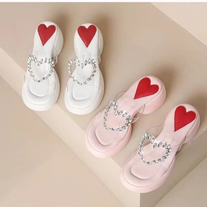 Rhie urious Sandals Women 2024 Korean Fashion Love Heart Women's New Slippers Heightened Thick Sole Wear Outside Slides ee25 's