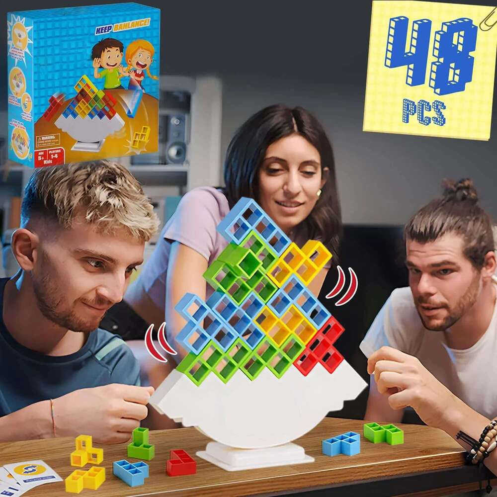 48 Block Brick Balance Stacked Game Swing High Russian Building Bloc Stack Kid Desktop Toy Party Games
