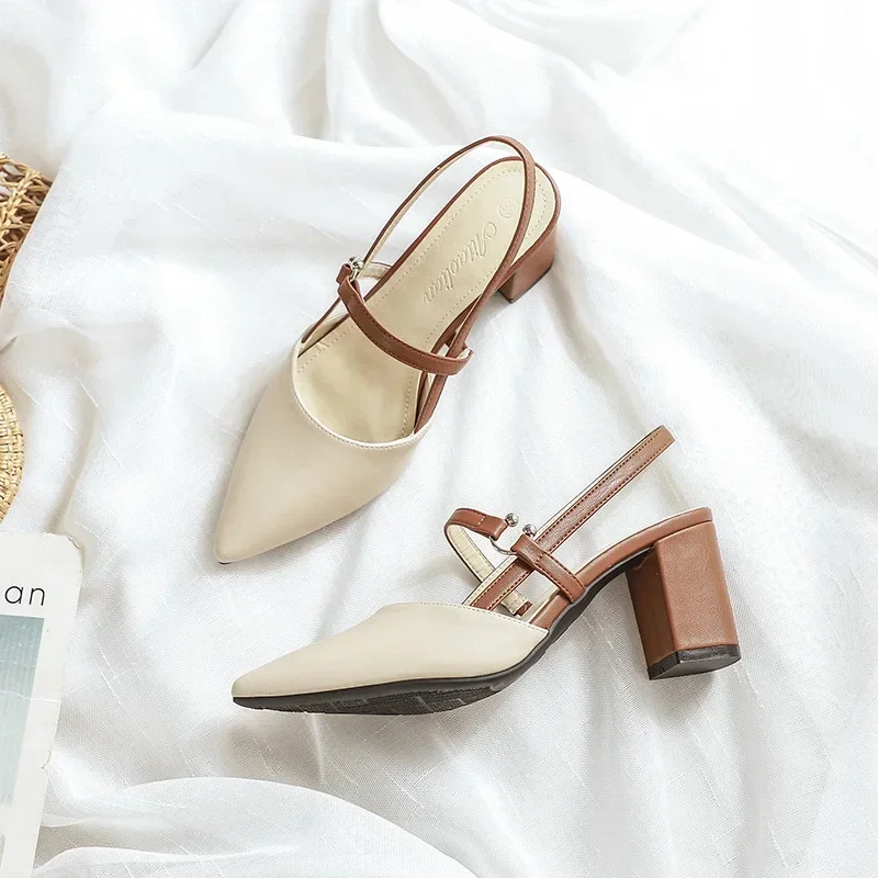 2025 NEW Pumps for Summer Elegant Chunky High Heels Pointed Toe Baotou Solid Ladies Shoes Female Sandals atillas Mujer ff