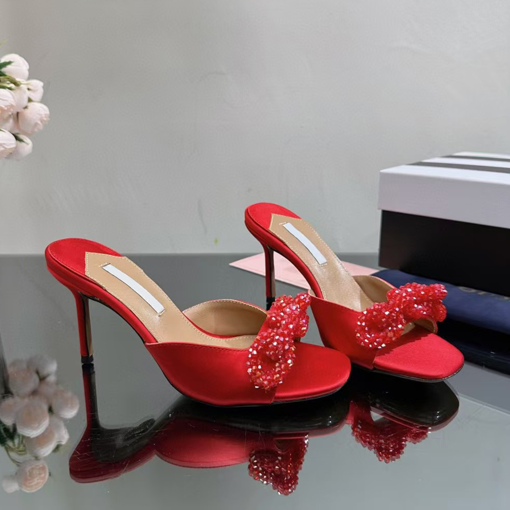 Bead chain lnterlocking stiletto slippers mules Silk leather outsole Pumps Women's Party evening shoes luxury designers high heels factory footwear 35-42 with box