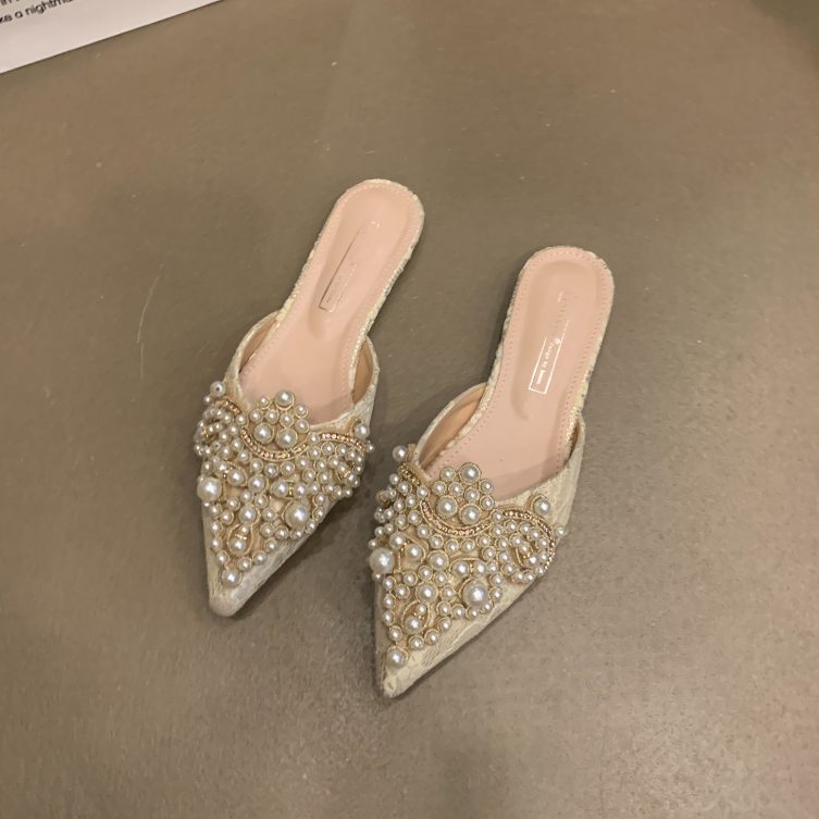 Women's Mules Summer 2024 New Pointed Toe Flat Heels Pearl Outdoor Ladies Slippers Dress Women Shoes Q75
