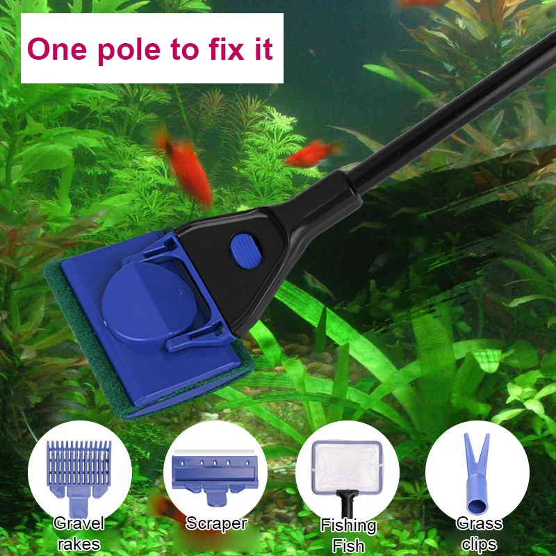 Fish Tank Cleaning Tools 5 in 1 Set Non-slip Long Handle Brush Fishing Net Plant Clips Accessories Aquarium Pet Products