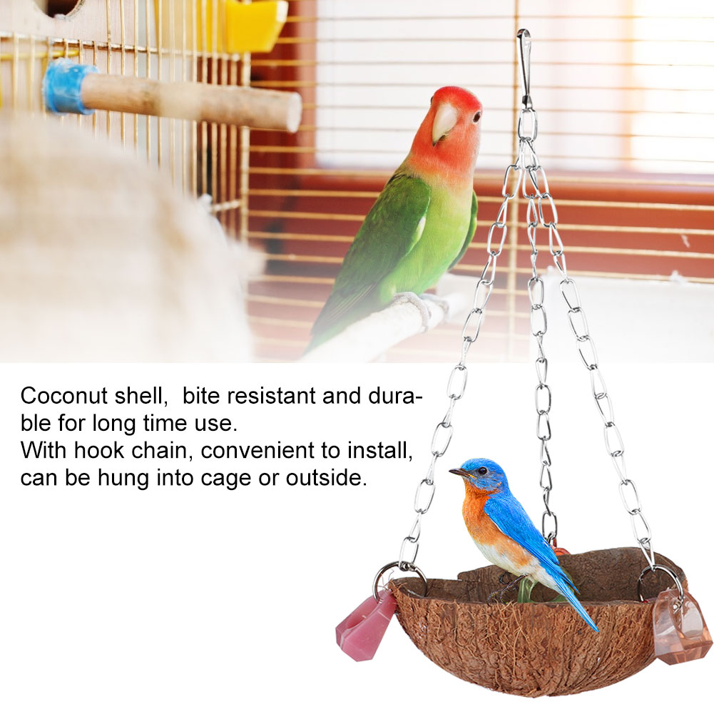 Pet Birds Toy Squirrel Coconut Shell Hanging Basket Sling With Acrylic Rings For Parrot Hammock