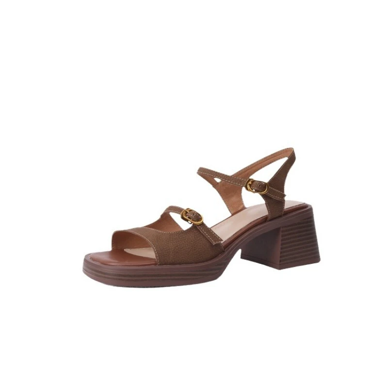 Sandals Women Handmade Vintage Square Toe Tuckle Strap Shoes New Lady Summer Beach Casual Pumps 2024 9807