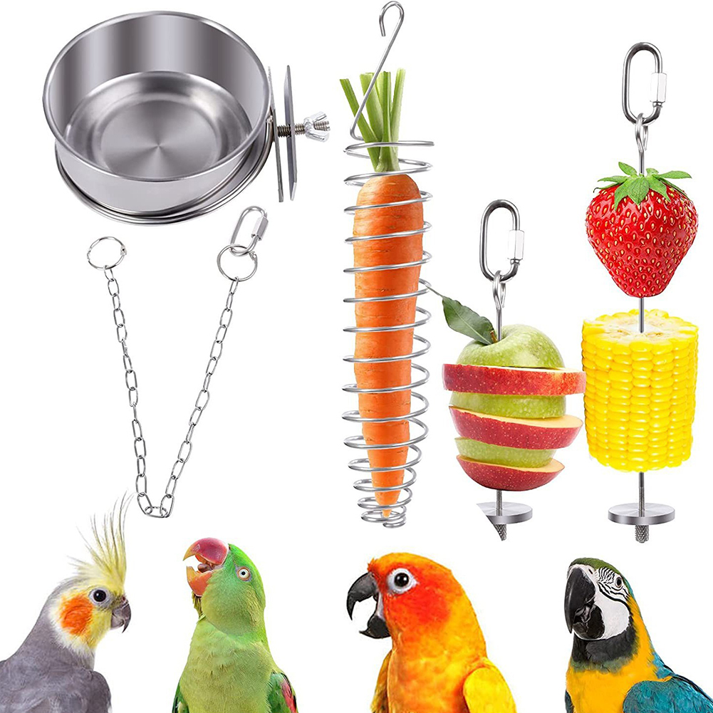 5 Pcs Bird Food Holder Stainless Steel Bird Parrot Skewer Hanging Vegetable Fruit Holder Foraging Feeder Feeding Dish Cup