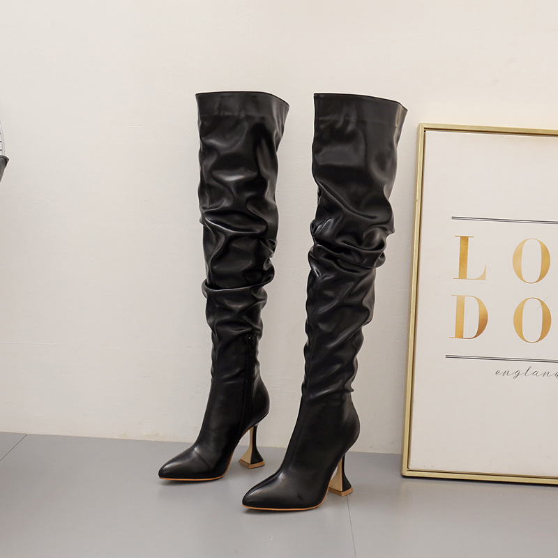 Winter New Long Boots Women's Thin Heel Pointed White High Heel Knee Length Boots 35-42 Botas Femininas De Couro 2023