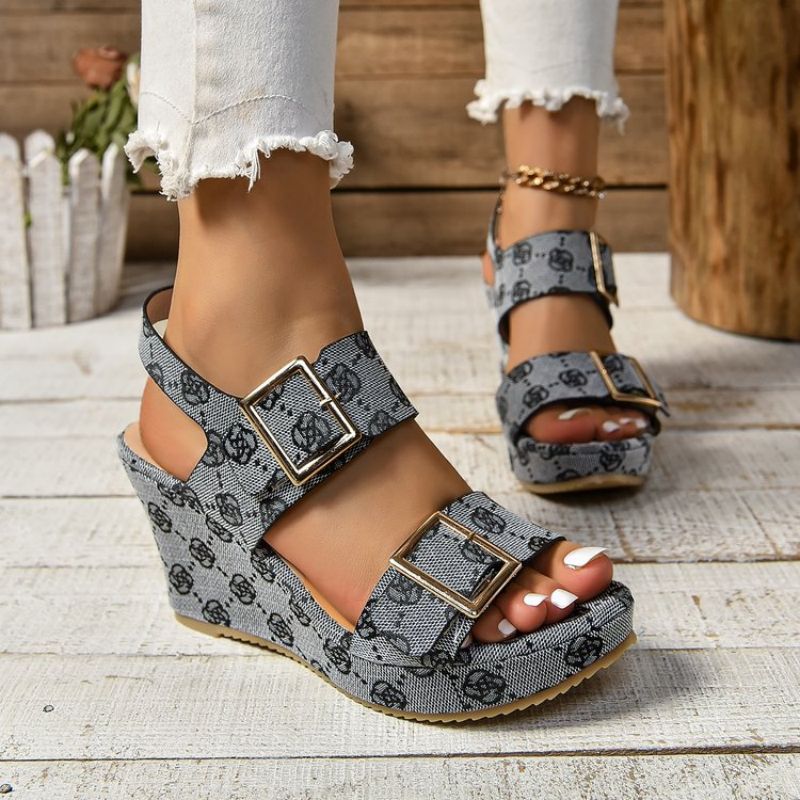 Brand Design Wedge Heel Sandals for Women 2024 Summer Print Chunky Platform Sandalias Mujer Buckle Thick Sole Gladiator Shoes