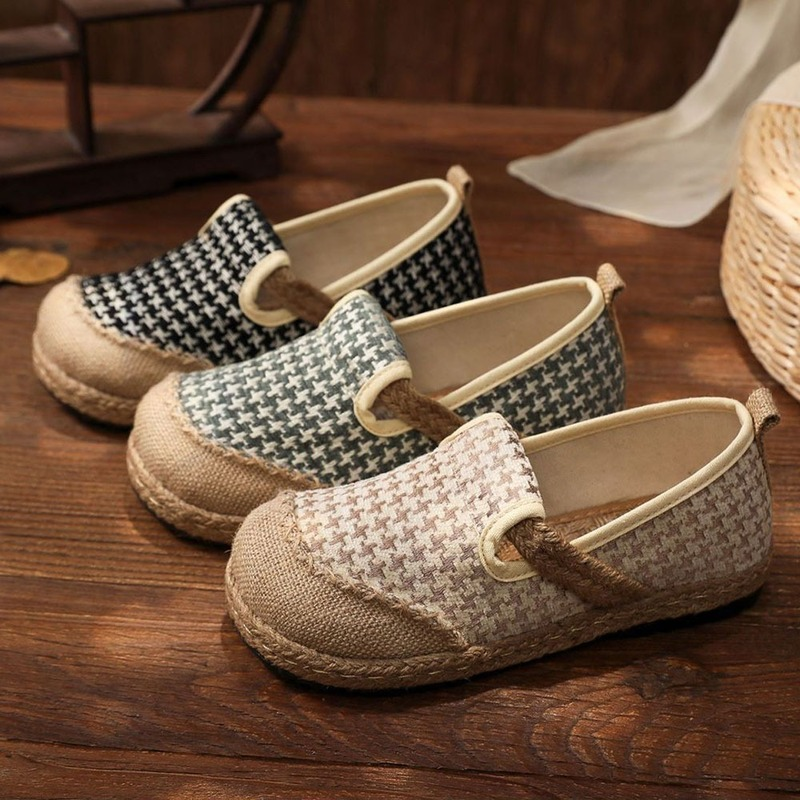 Embroidery Houndstooth Women Handmade en Cotton Slip On Loafers Ladies Casual Comfortable Sneakers Flat Hemp Shoes 2024 1198