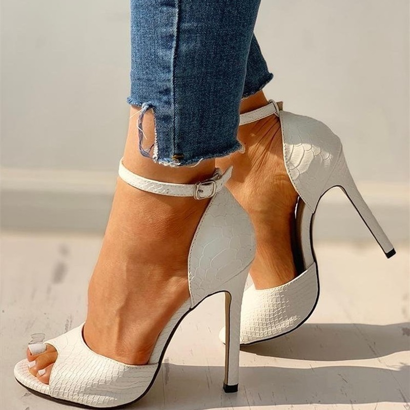 Dress Sexy Wedding Shoes Women Ankle Strap Peep Toe Heel Sandals White Super High New Heels Buckle Snake Pattern Woman Pumps fedc s