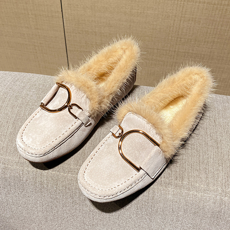 Mocasines Fur Brand b28d7 Woman 2023 Winter Cotton Shoes Ladies Warm Slip On Walking Flats Furry Loafers Pigskin Leather Boots ry