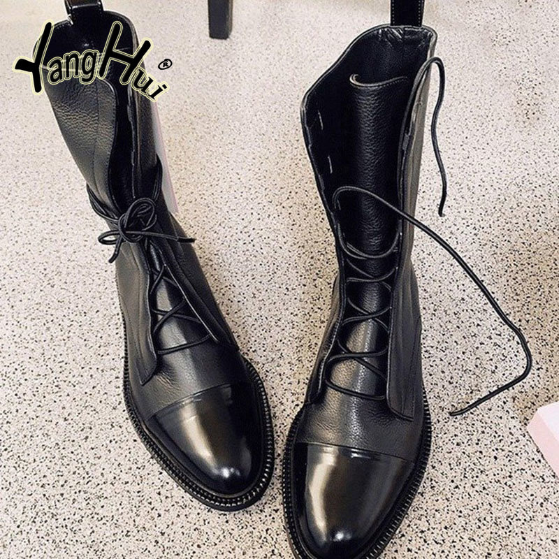 Women's Modern Mid-calf Boots Soft Leather British Style Fashion Lace Big Size Platform Shoes for Women 2023 New Autumn Winter