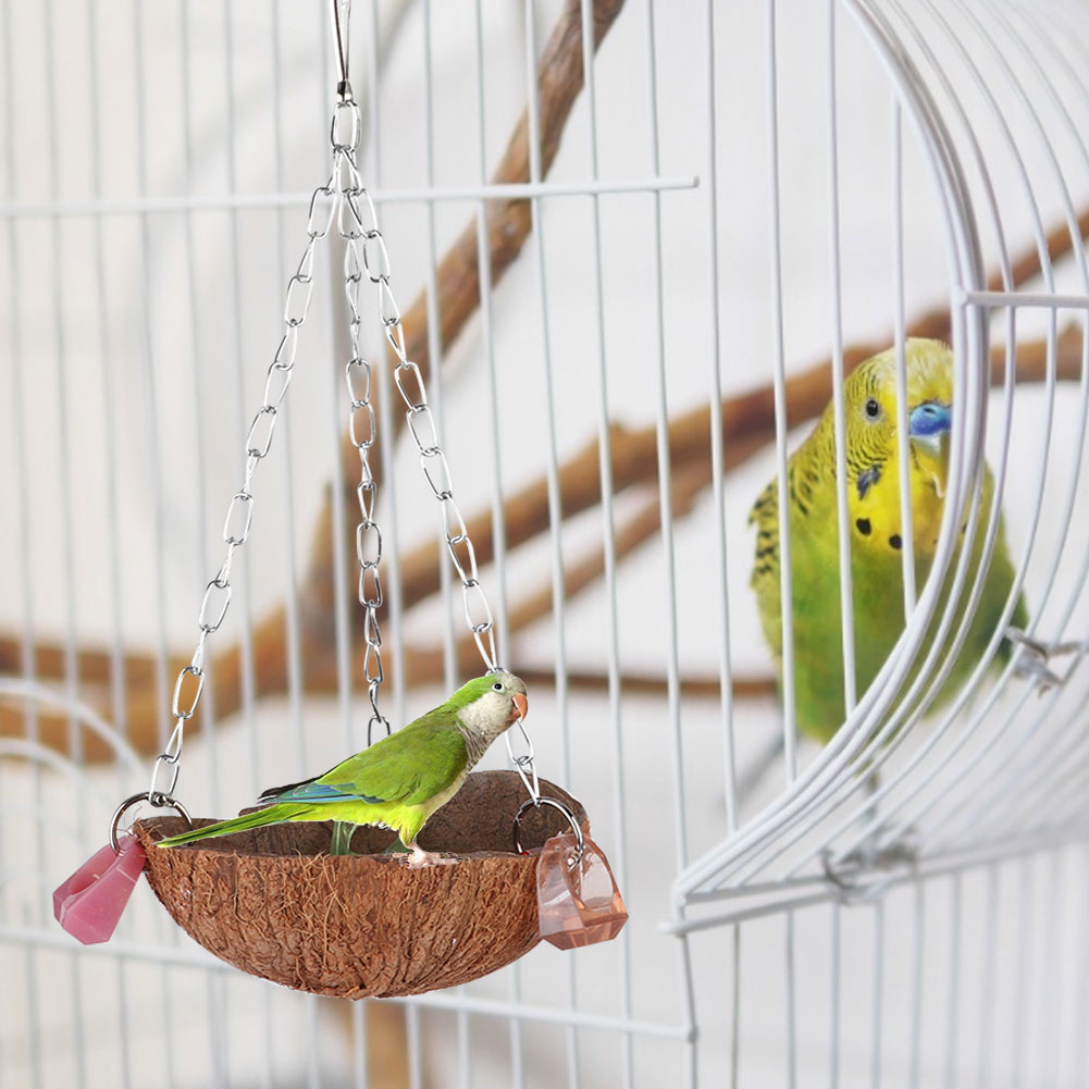 Pet Birds Toy Squirrel Coconut Shell Hanging Basket Sling With Acrylic Rings For Parrot Hammock